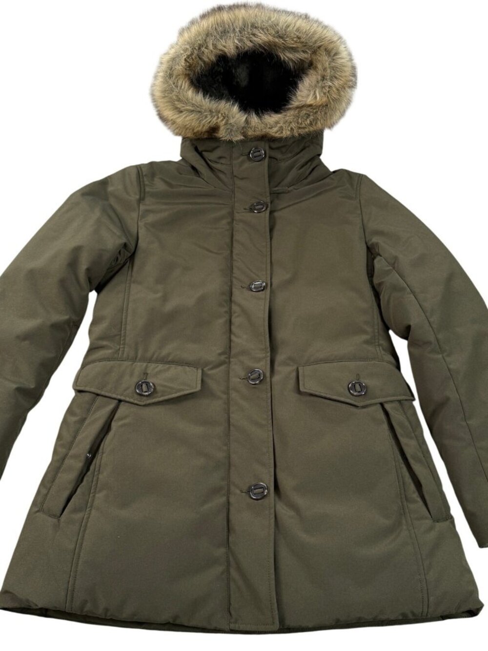 Uniqlo Down Parka Jacket Women's Size S Green Faux Fur Hood Polyester Coat